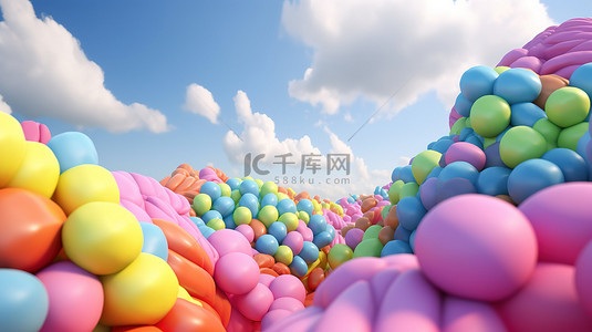 柔和的彩色气球云和彩虹螺旋在 3d 渲染的蓝天中
