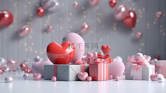 节日情人节背景与现实的礼物心和小玩意 3d 渲染