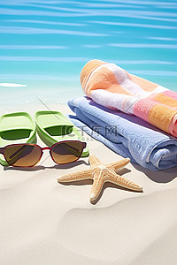 夏天海边的人背景图片_海边背景下戴着太阳镜和人字拖的沙滩巾