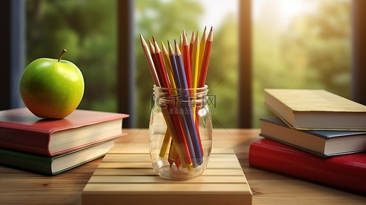 回到学校必需品一堆苹果书铅笔和 3d 木桌上的试管