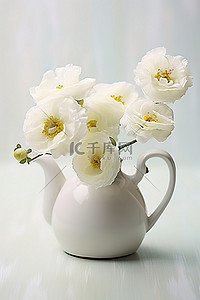 白色的花朵背景图片_一个白色的茶壶，里面有白色的花朵