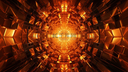 发光的橙色水晶几何隧道令人着迷的 3D 抽象插图