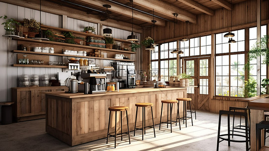 家居背景背景图片_农舍风格迷人咖啡站的 3d 渲染