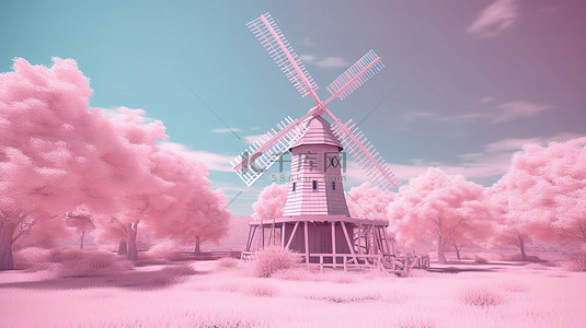 蓝色风车农场的质朴魅力，在充满活力的粉红色背景 3D 渲染下以双色调风格捕捉