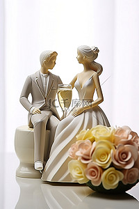 两个婚礼雕像坐在白色花瓶旁边