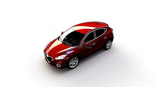 混合红色家庭汽车现代 3D 渲染在白色背景与地面阴影