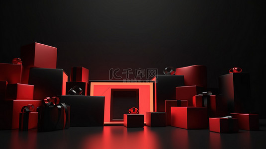 品红色海报背景图片_红色和黑色主题的黑色星期五卡片模板具有 3D 渲染框架灯和带有卡通风格扭曲的礼品盒