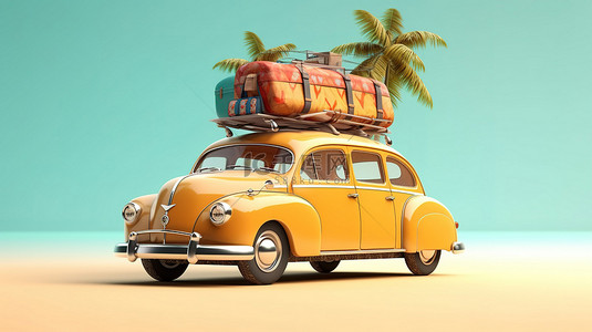 肉品氛围图背景图片_非常规的夏季旅行 3D 插图，展示一辆老式汽车，配有冲浪板手提箱棕榈树和幽默的氛围