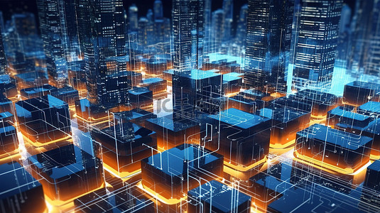 灯的组成背景图片_未来城市景观由数字数据和信息存储组成的控制论大都市的 3D 渲染