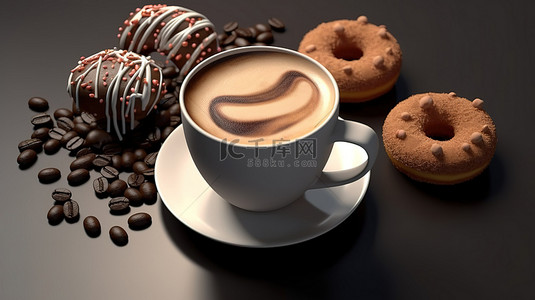 茶杯蛋糕背景图片_咖啡完美，美味的甜甜圈和现煮咖啡，以 3D 插图和渲染捕捉