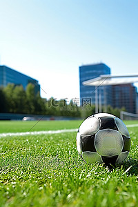 绿色田野上的足球，背景是天际线塔