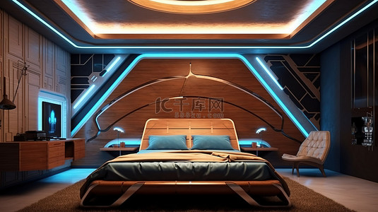 现代科幻风格 3D 渲染的未来卧室内饰