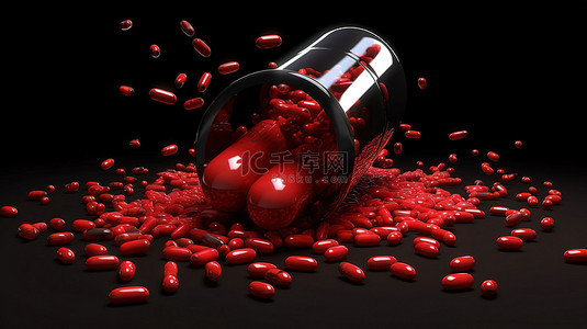 黑色背景下红色药胶囊溢出内容物的 3D 渲染