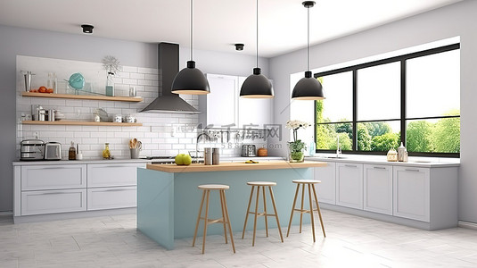 现代厨房设计，配有白色橱柜和瓷砖台面，配有 3D 渲染的时尚厨具