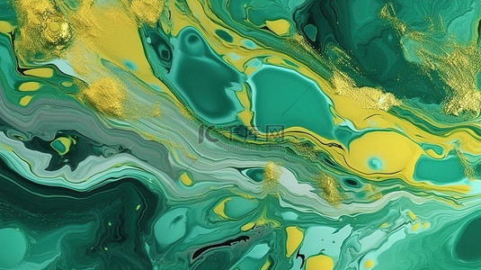 带有金色飞溅的绿色大理石丙烯酸流体纹理的 3D 插图