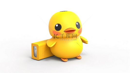 白色背景上带有可充电电池的可爱黄色卡通鸭人物吉祥物的 3D 渲染