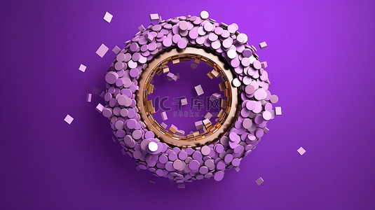 带有圆孔分配现金和硬币的紫色背景，关于省钱和无现金交易的 3D 渲染插图