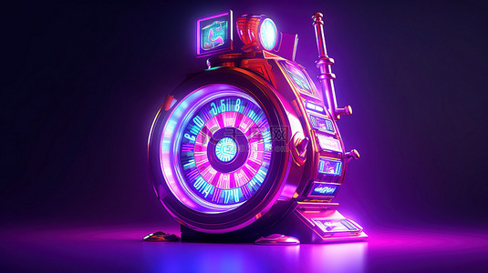 紫色背景在线赌场霓虹灯未来派轮盘赌轮和老虎机的 3D 渲染