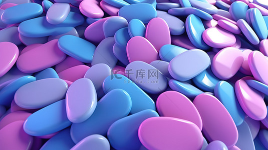 药房背景背景图片_几何图案背景的三维插图，药丸和胶囊的蓝色粉色和紫色色调