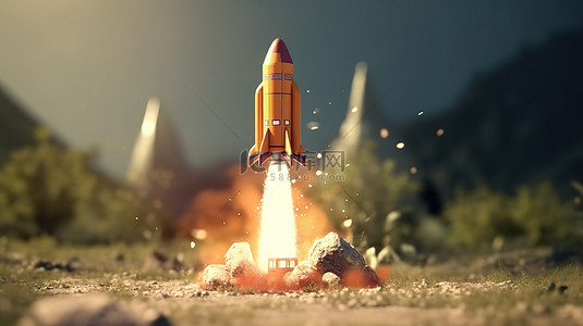 火箭插画背景图片_3D 渲染从地面火箭般的创业公司