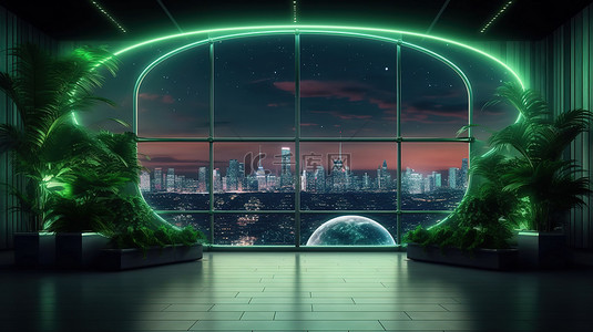 科技绿背景图片_未来派室内办公室设计，配有绿墙植物和令人惊叹的夜景城市景观 3D 渲染科幻概念