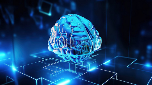 未来派蓝色多边形全息大脑在模糊的壁纸上描绘人工智能和机器学习概念 3D 渲染