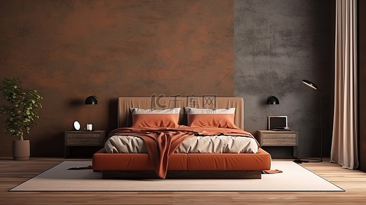 舒适时尚的卧室的 3D 渲染，配有床衣橱落地灯和边桌