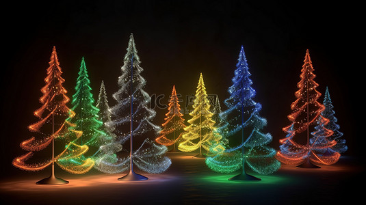 效果圣诞树背景图片_节日圣诞树灯装饰 3D 插图和渲染