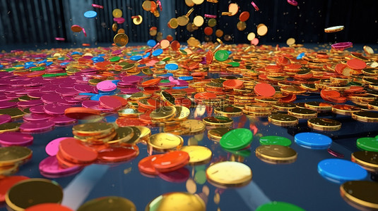 丰富多彩的财富硬币从 3D 渲染上方层叠