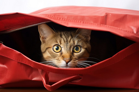 购物袋红色背景图片_一只棕色的猫躺在红色购物袋里