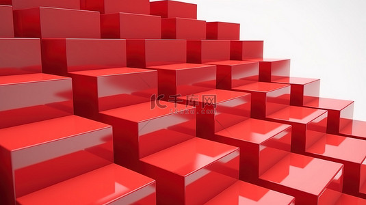 上升背景图片_上升成功的红色盒子堆叠为白色背景上的楼梯 3D 渲染插图