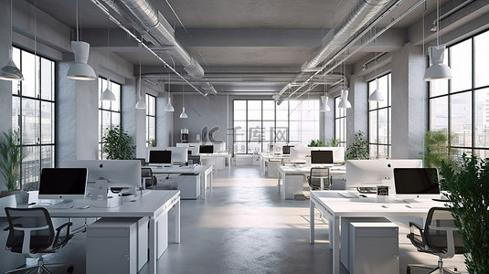 3d 现代办公室内部呈现明亮宽敞的开放式设计，配有联合办公桌