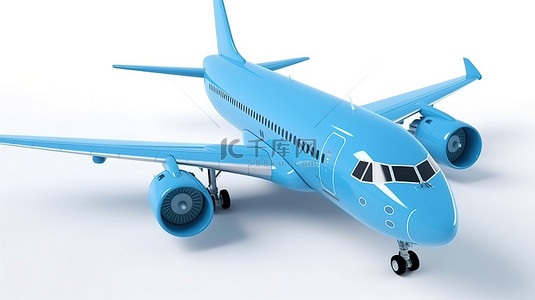 白色背景上具有 3D 渲染和空客机翼的蓝色客机玩具