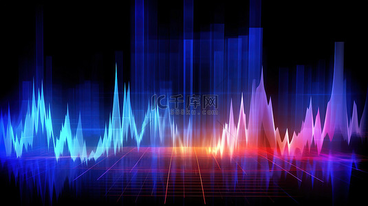 頻率背景图片_均衡器上带有蓝色声波和光条纹的音乐频谱的 3D 插图