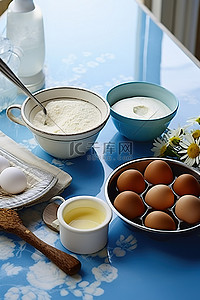 烤鸡蛋黄油和面粉放在桌面上