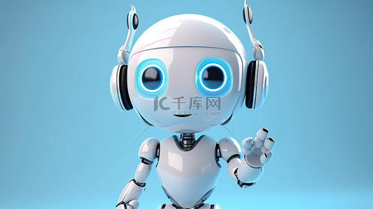 3D 渲染的 Android 机器人，带有举手和耳机，用于创新聊天机器人概念