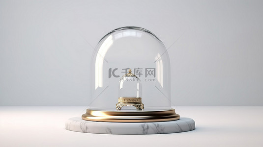 白色透明球背景图片_大理石讲台上玻璃圆顶的白色背景 3D 插图