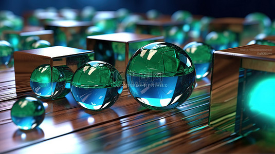 充满活力的玻璃球绿叶圆圈水块和 3D 渲染中的艺术抽象