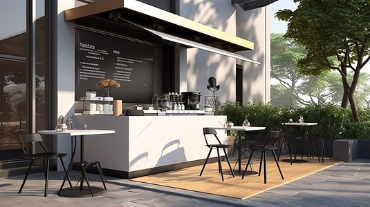 菜单咖啡背景图片_建筑设计的户外咖啡店横幅和菜单模型的 3D 插图