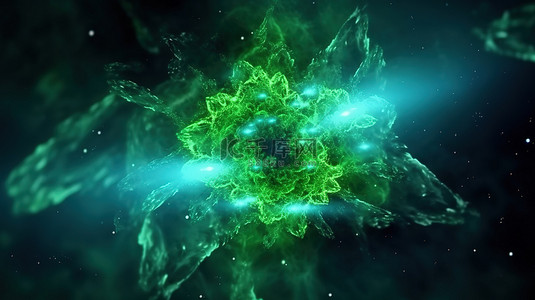 带有闪闪发光的绿色和蓝色星粒子的空间 3D 插图