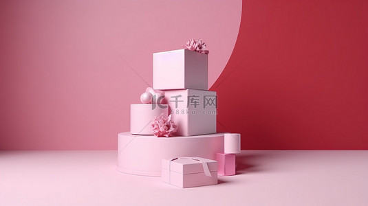 粉红色背景上的彩色礼品设计元素，带有 3D 白色讲台和盒子