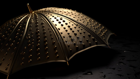 下雨水背景图片_黑色背景下 3d 渲染的金色和皮革雨伞