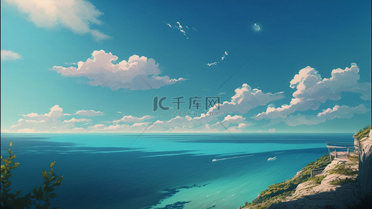 大海水彩背景图片_夏季大海蓝天插画背景