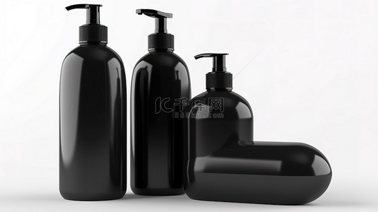 3d 渲染中黑色塑料瓶上孤立的白色背景洗发水泵