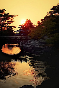 日落看起来像池塘上的一座石桥