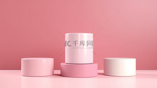 白色爱情背景图片_化妆品 3D 渲染插图展示架上的粉色和白色圆形圆柱体讲台