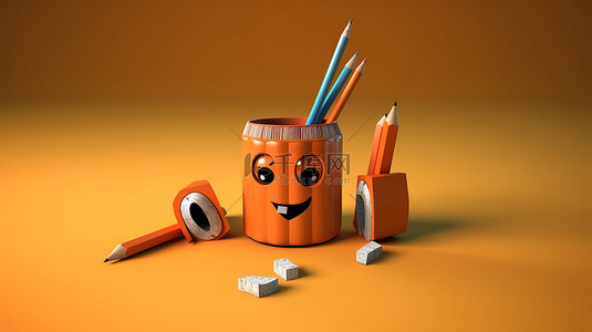 有趣的铅笔和卷笔刀二人组的异想天开的 3D 插图