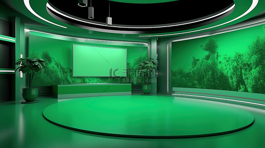 视频闪屏背景图片_虚拟新闻演播室的 3D 渲染绿屏背景