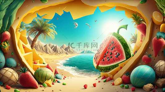 西瓜的插画背景图片_夏季西瓜食物沙滩