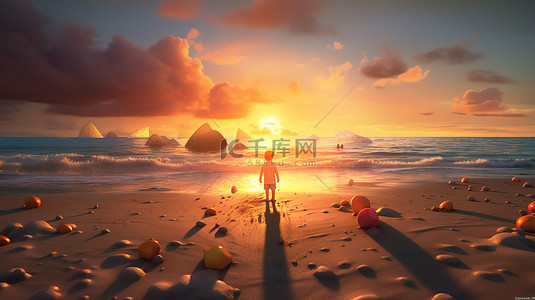 日落期间在海滩上玩耍的孩子的 3D 插图